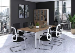 Заседателна маса Avrora, 2400 х 1200 х 750 mm, правоъгълен плот, ПДЧ 25 mm, метална основа, плот бряст, бял метал